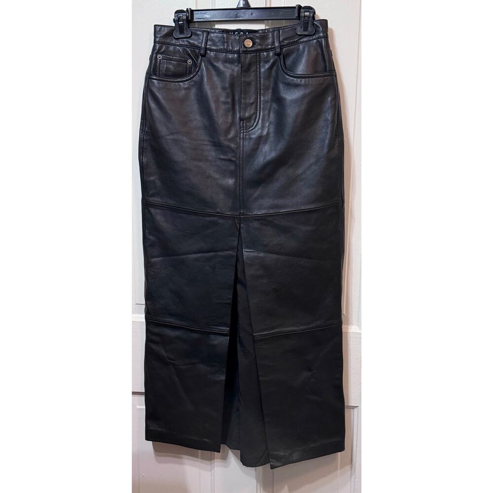NEW Reformation Veda Black Lambskin Leather Front Slit Maxi Skirt Size 2 - Picture 4 of 16